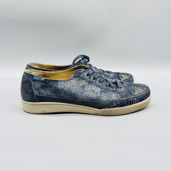 Mephisto Shoes - Mephisto Shoes Womens 7 Blue Leather Runoff Snake Print Low Top Lace Up Sneakers
